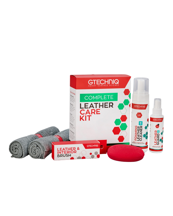 Gtechniq Complete Leather Care Kit — everything you need to clean, condition, and protect leather surfaces. Includes cleaner, guard, brush, cloths, and applicator. Available at Detailing Depot Canada.