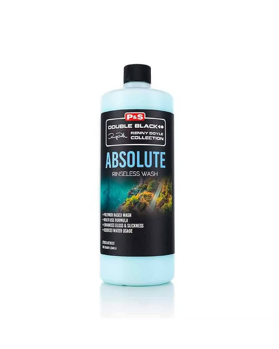 P&S Double Black Absolute Rinseless Wash — polymer-based formula that enhances gloss and reduces water usage. Multi-purpose and ideal for eco-friendly detailing. Available at Detailing Depot Canada.