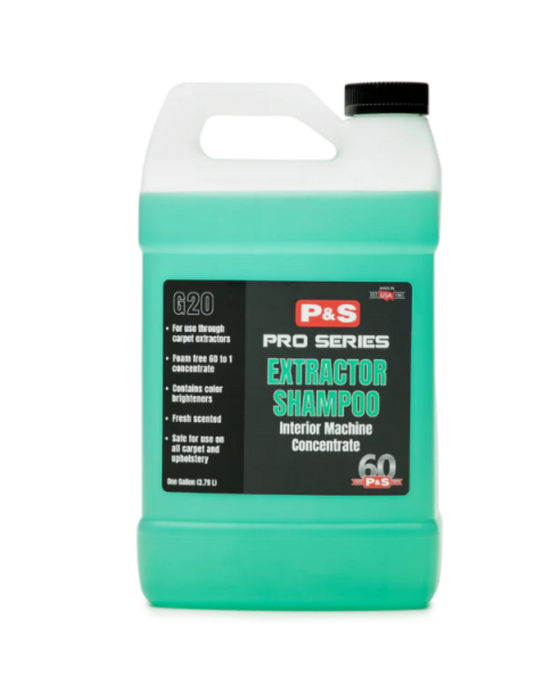 P&S Extractor Shampoo — professional-grade interior cleaner for use with carpet extractors. Safe on all carpet and upholstery. Foam-free, fresh scented, and highly concentrated. Available at Detailing Depot Canada.