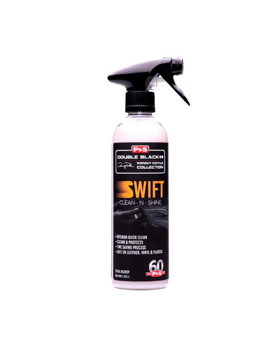 P&S Double Black Swift Clean N Shine — interior quick detailer that cleans and protects leather, vinyl, and plastic in one step. Available at Detailing Depot Canada.