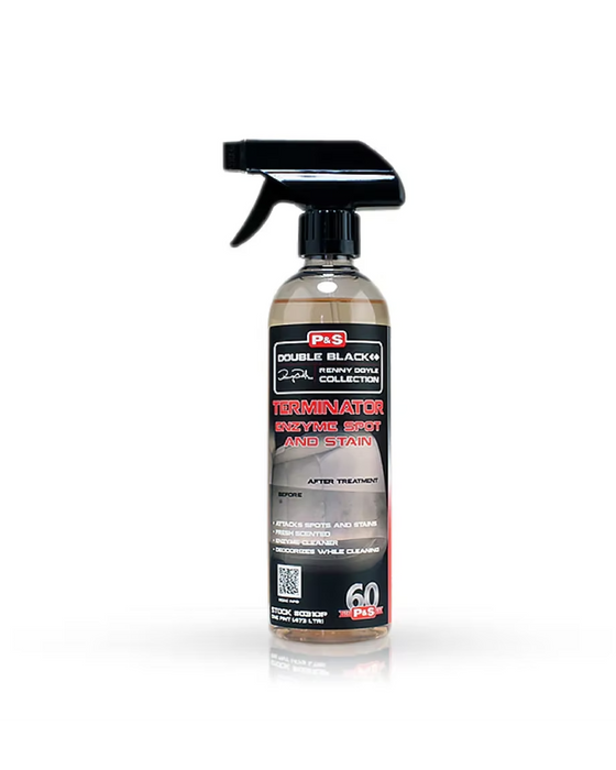 P&S Double Black Terminator 16oz — enzyme-powered stain remover for carpets, upholstery, and fabrics. Attacks spots and odors on contact. Available at Detailing Depot Canada.