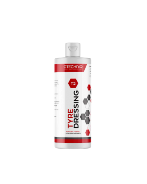 Gtechniq T2 Tyre Dressing — long-lasting, satin-finish dressing for tires and rubber trim. Enhances appearance and provides UV protection. Available at Detailing Depot Canada.