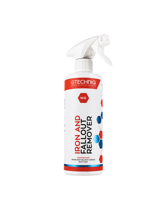 Gtechniq W6 Iron and Fallout Remover — powerful decontamination spray for wheels and paint, targeting embedded iron particles and brake dust. Available at Detailing Depot Canada.