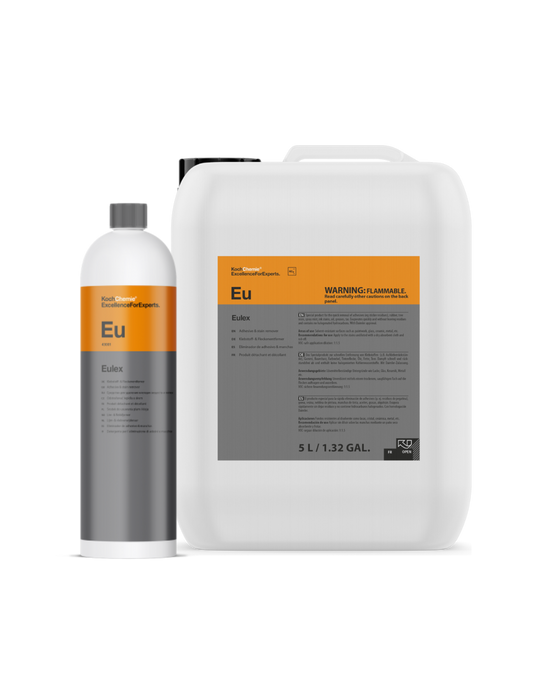 Koch Chemie EU (Eulex) available in 1L and 5L — professional-grade remover for tar, glue, rubber, and stains. Effective on paint and plastic. Now in stock at Detailing Depot Canada.