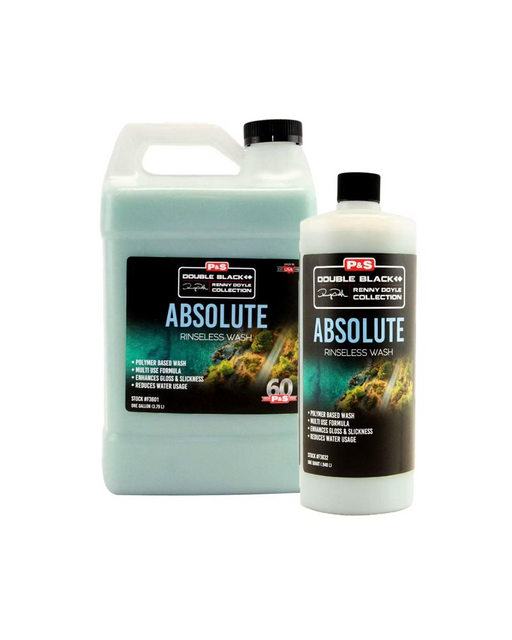 P&S Double Black Absolute Rinseless Wash — polymer-based formula that enhances gloss and reduces water usage. Multi-purpose and ideal for eco-friendly detailing. Available at Detailing Depot Canada.
