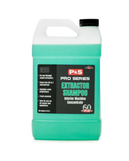 P&S Extractor Shampoo — professional-grade interior cleaner for use with carpet extractors. Safe on all carpet and upholstery. Foam-free, fresh scented, and highly concentrated. Available at Detailing Depot Canada.