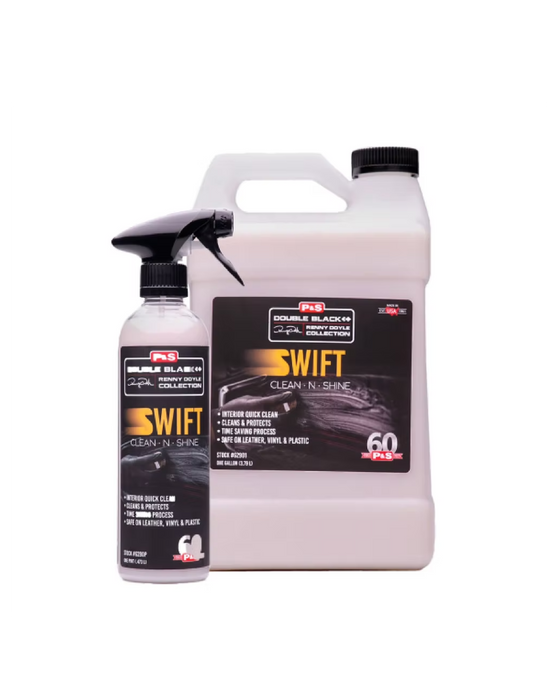 P&S Double Black Swift Clean N Shine — interior quick detailer that cleans and protects leather, vinyl, and plastic in one step. Available at Detailing Depot Canada.