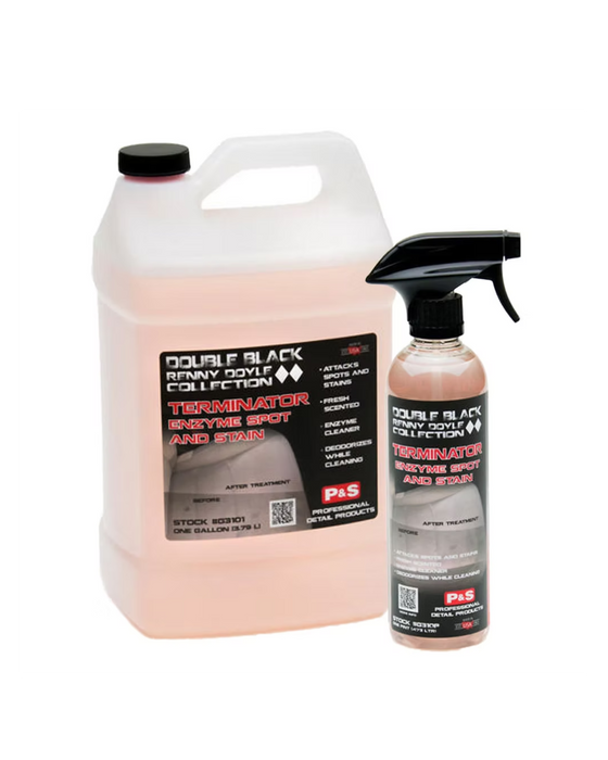 P&S Double Black Terminator Kit — includes 1 gallon and 16oz bottles of enzyme-based stain and odor remover. Perfect for professional interior detailing. Available at Detailing Depot Canada.
